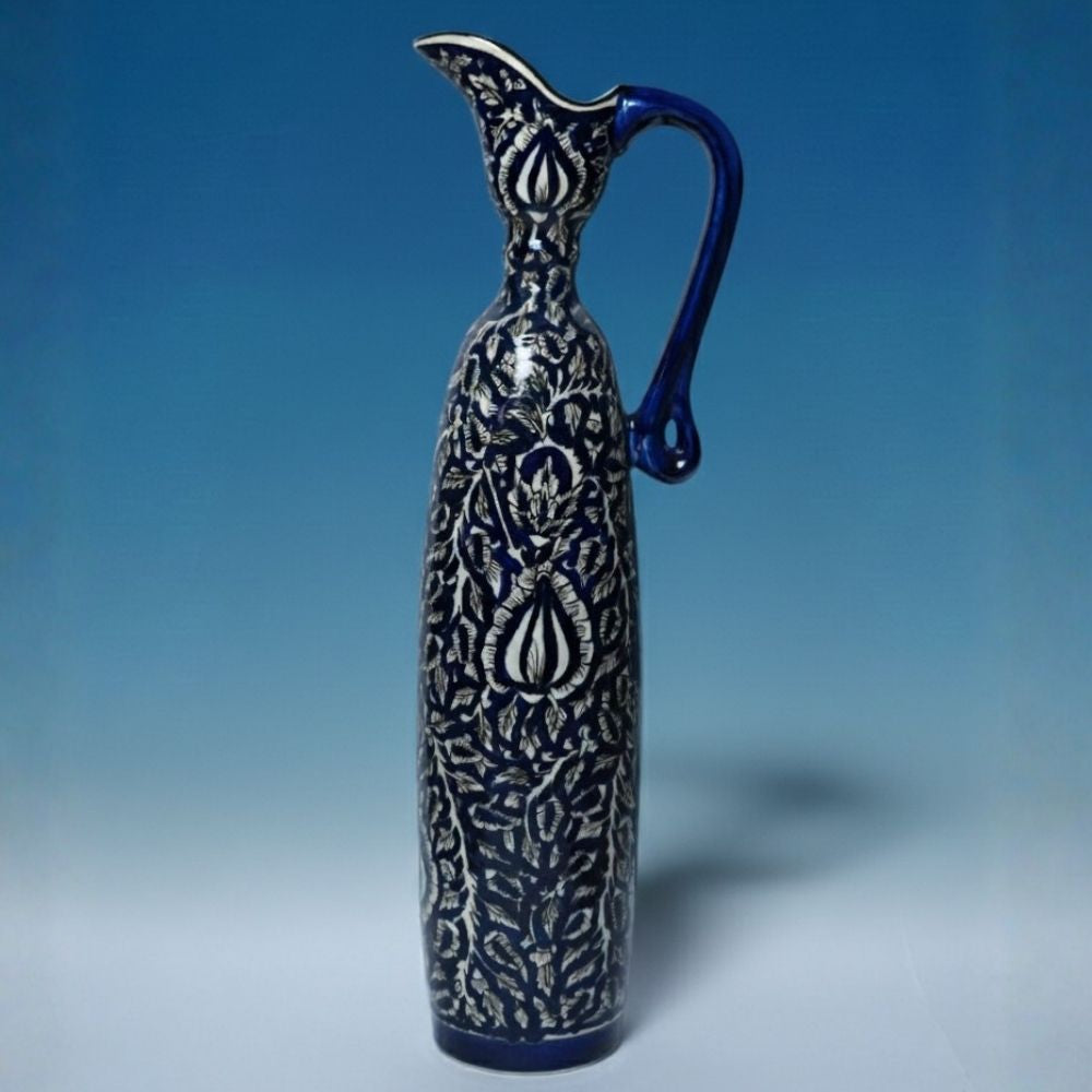 kalamkari blue ceramic decorative pitcher cylindrical tall showpiece for home decor accent with traditional artistic printed design